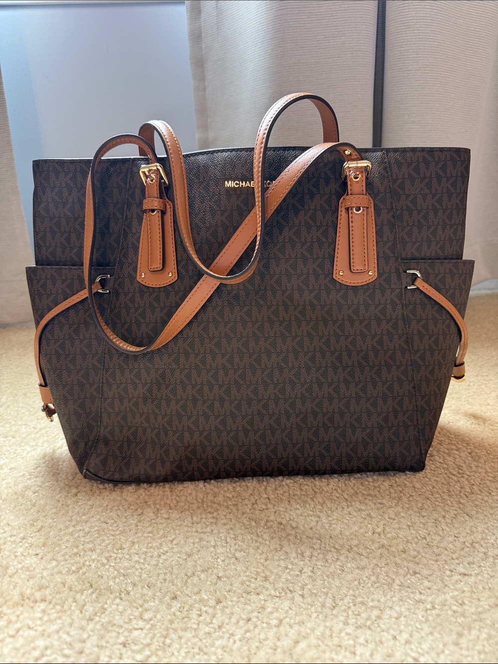 Michael Kors Brown Logo Tote with Tan Leather Handles